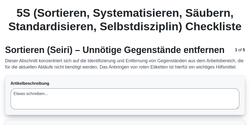 5S (Sortieren, Systematisieren, Säubern, Standardisieren, Selbstdisziplin) Checkliste