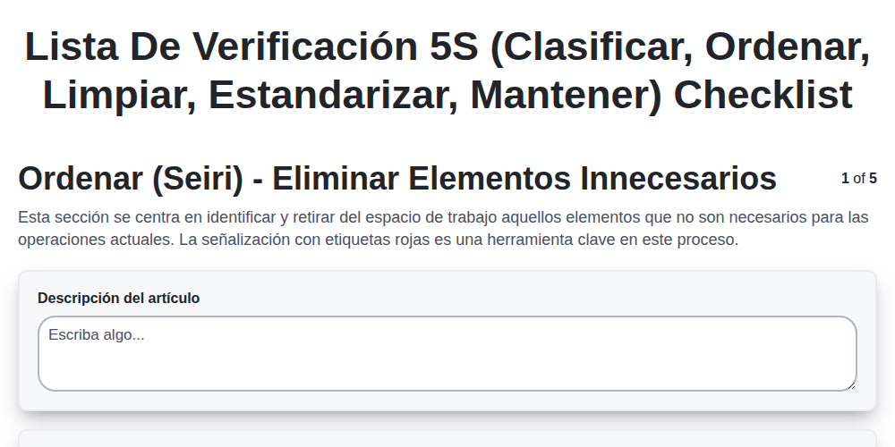 Lista de verificación 5S (Clasificar, Ordenar, Limpiar, Estandarizar, Mantener)