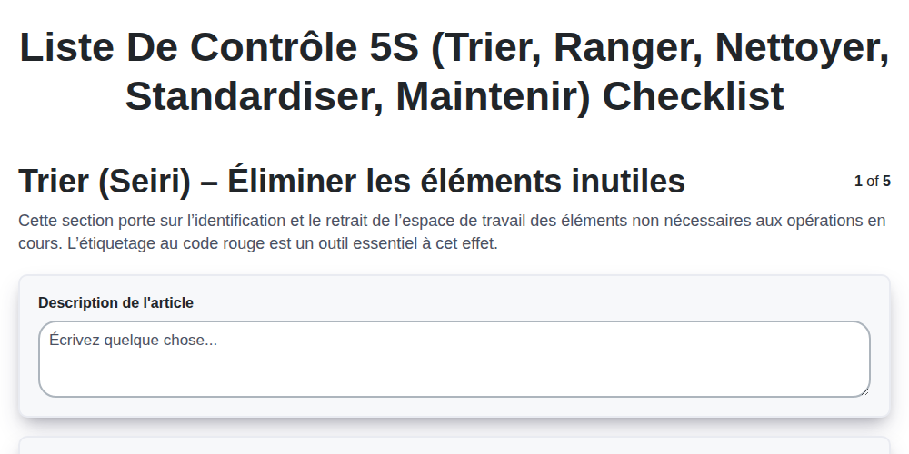 Liste de contrôle 5S (Trier, Ranger, Nettoyer, Standardiser, Maintenir)