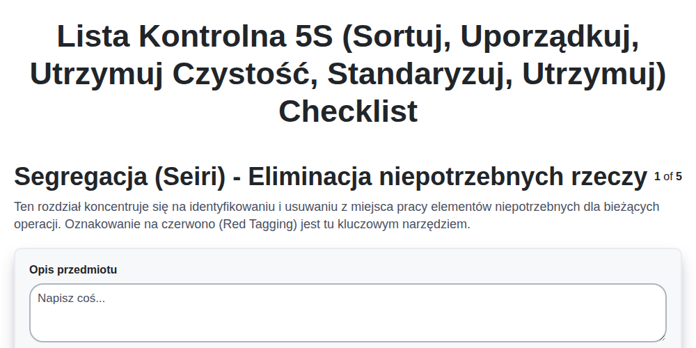 Lista kontrolna 5S (Sortuj, Uporządkuj, Utrzymuj czystość, Standaryzuj, Utrzymuj)