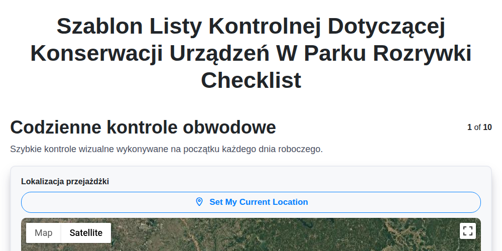 Szablon listy kontrolnej dotyczącej konserwacji urządzeń w parku rozrywki screenshot