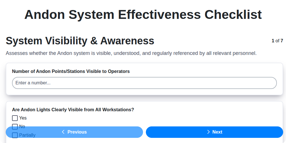 andon system effectiveness checklist screenshot