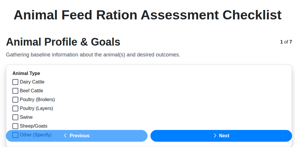 animal feed ration assessment screenshot