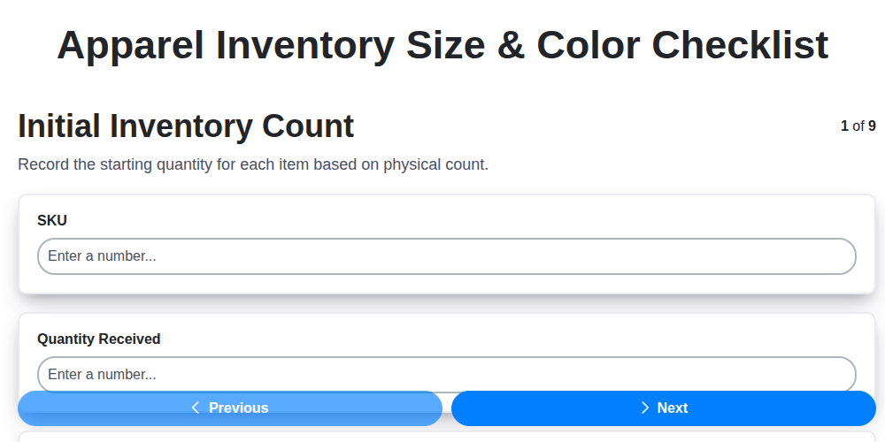 apparel inventory size color checklist screenshot