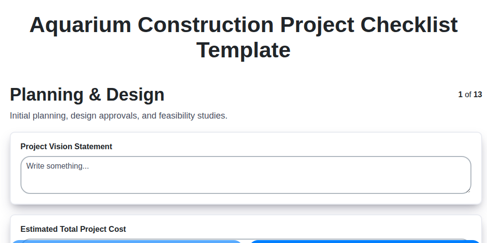 aquarium construction project checklist template screenshot