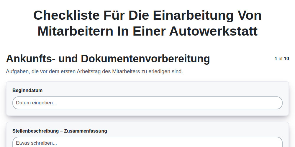 Checkliste für die Einarbeitung von Mitarbeitern in einer Autowerkstatt screenshot