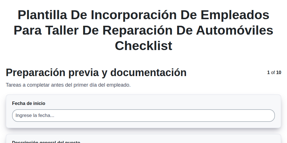 Plantilla de Incorporación de Empleados para Taller de Reparación de Automóviles screenshot