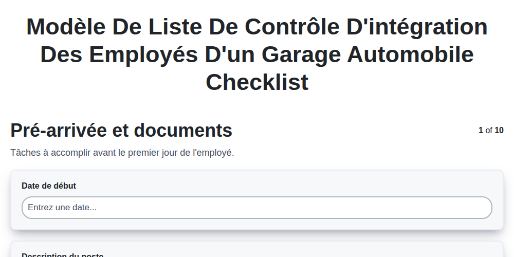 Modèle de liste de contrôle d'intégration des employés d'un garage automobile screenshot