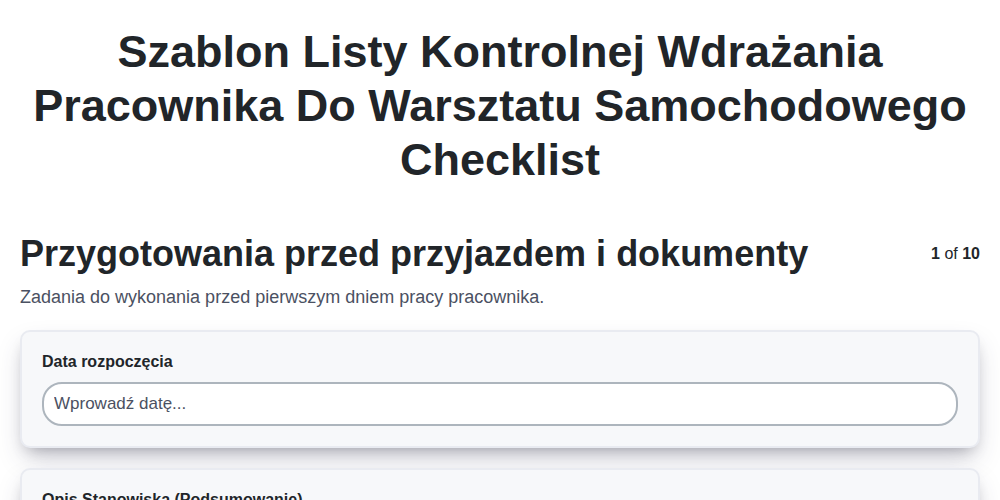 Szablon listy kontrolnej wdrażania pracownika do warsztatu samochodowego screenshot