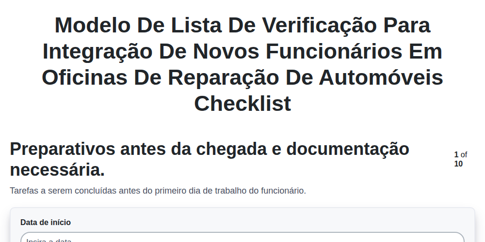 Modelo de Lista de Verificação para Integração de Novos Funcionários em Oficinas de Reparação de Automóveis screenshot