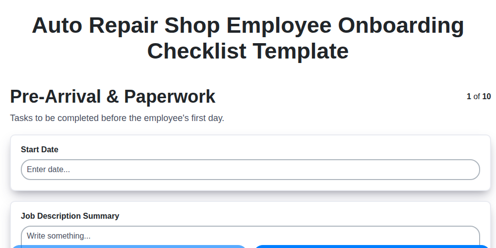 auto repair shop employee onboarding checklist template screenshot