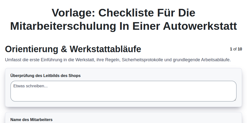 Vorlage: Checkliste für die Mitarbeiterschulung in einer Autowerkstatt screenshot