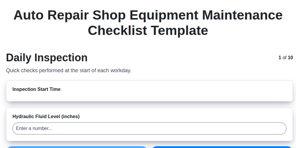 auto repair shop equipment maintenance checklist template screenshot