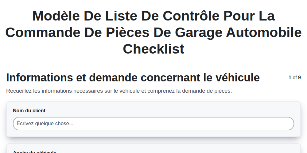 Modèle de liste de contrôle pour la commande de pièces de garage automobile screenshot