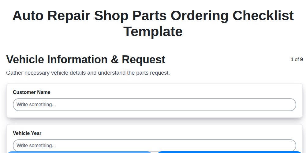 auto repair shop parts ordering checklist template screenshot