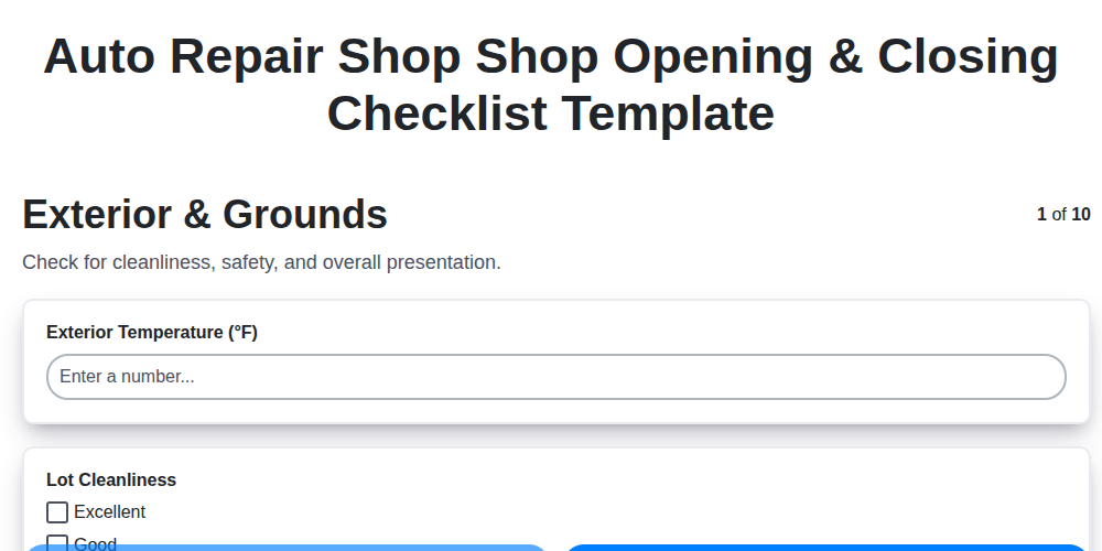 auto repair shop shop opening closing checklist template screenshot