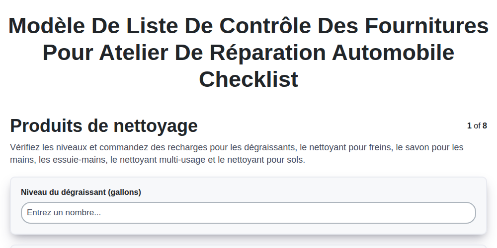 Modèle de liste de contrôle des fournitures pour atelier de réparation automobile screenshot