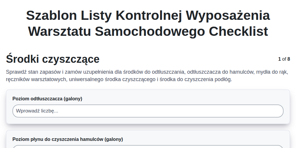 Szablon listy kontrolnej wyposażenia warsztatu samochodowego screenshot