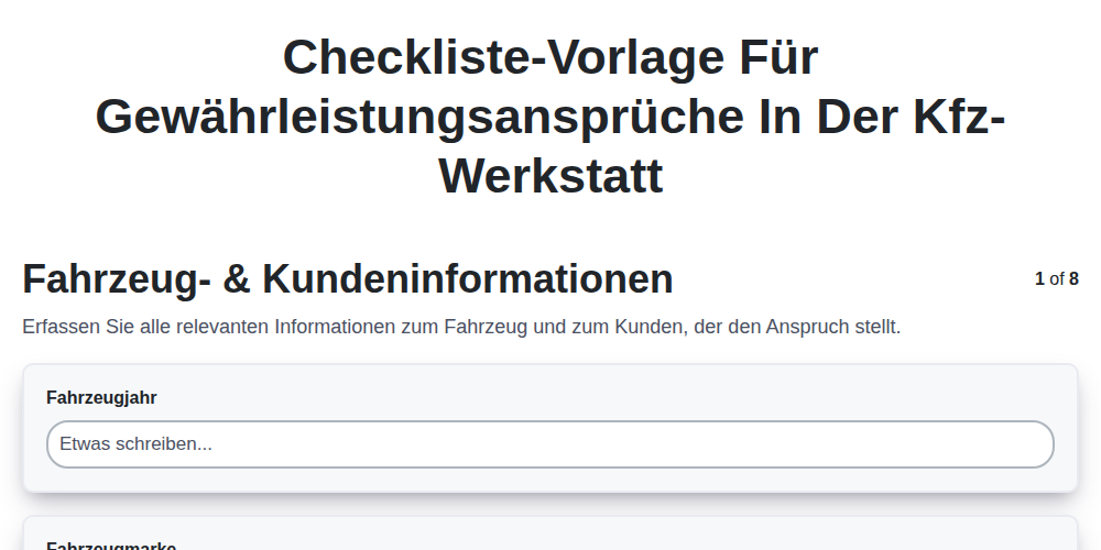 Checkliste-Vorlage für Gewährleistungsansprüche in der Kfz-Werkstatt screenshot