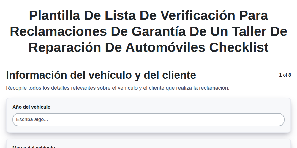 Plantilla de lista de verificación para reclamaciones de garantía de un taller de reparación de automóviles screenshot