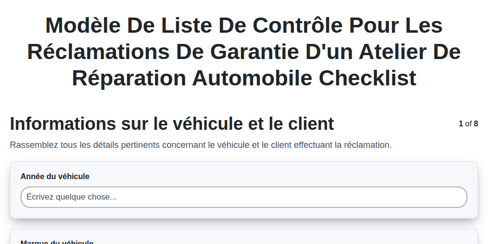 Modèle de liste de contrôle pour les réclamations de garantie d'un atelier de réparation automobile screenshot