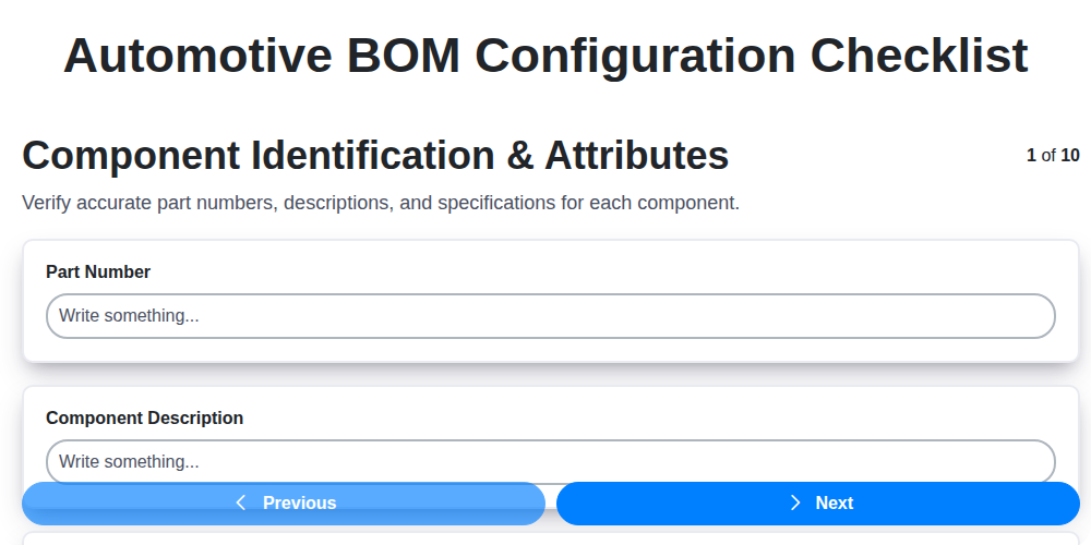 automotive bom configuration checklist screenshot