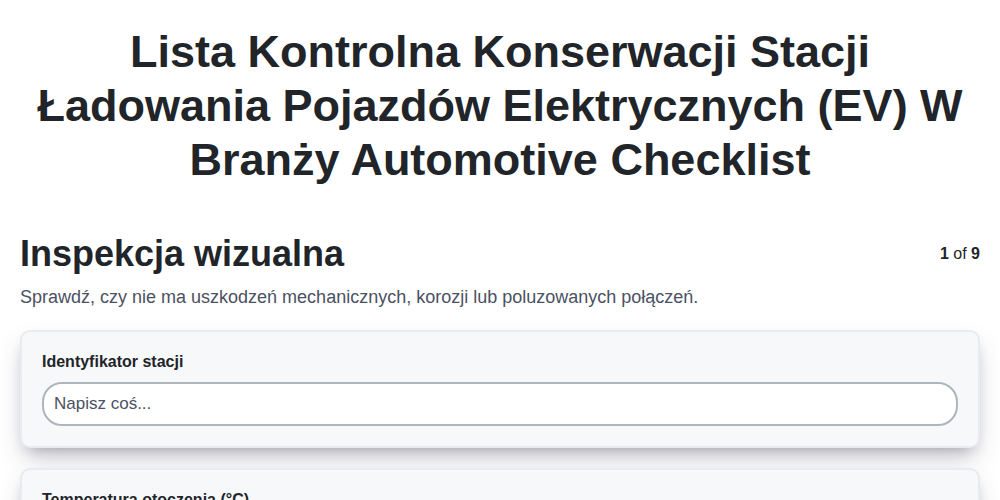 Lista kontrolna konserwacji stacji ładowania pojazdów elektrycznych (EV) w branży automotive screenshot