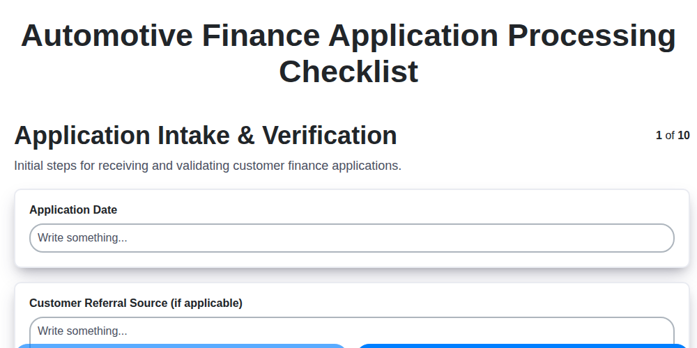 Automotive Finance Application Processing Checklist screenshot