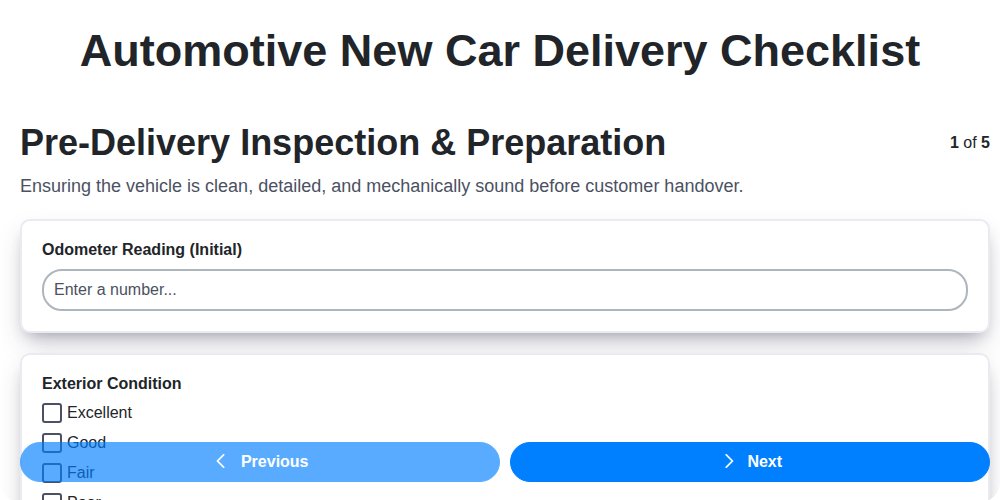 automotive new car delivery checklist screenshot