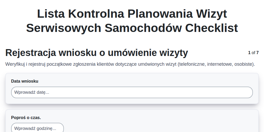 Lista kontrolna planowania wizyt serwisowych samochodów screenshot