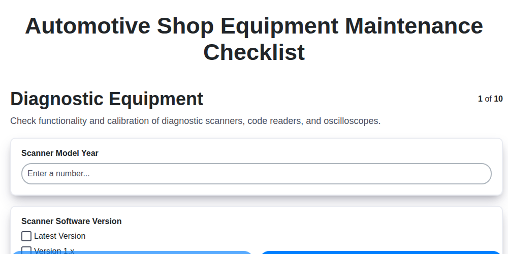automotive shop equipment maintenance checklist screenshot