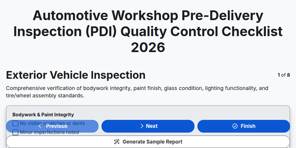 Automotive Workshop Pre-Delivery Inspection (PDI) Quality Control Checklist 2026