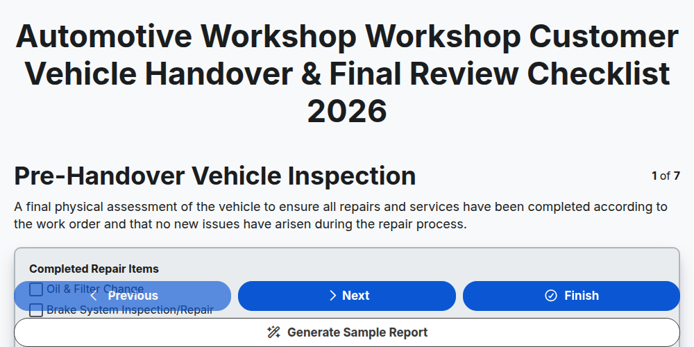 Automotive Workshop Workshop Customer Vehicle Handover & Final Review Checklist 2026