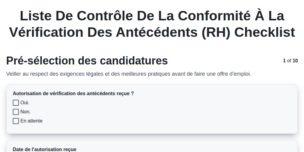 Liste de contrôle de la conformité à la vérification des antécédents (RH) screenshot