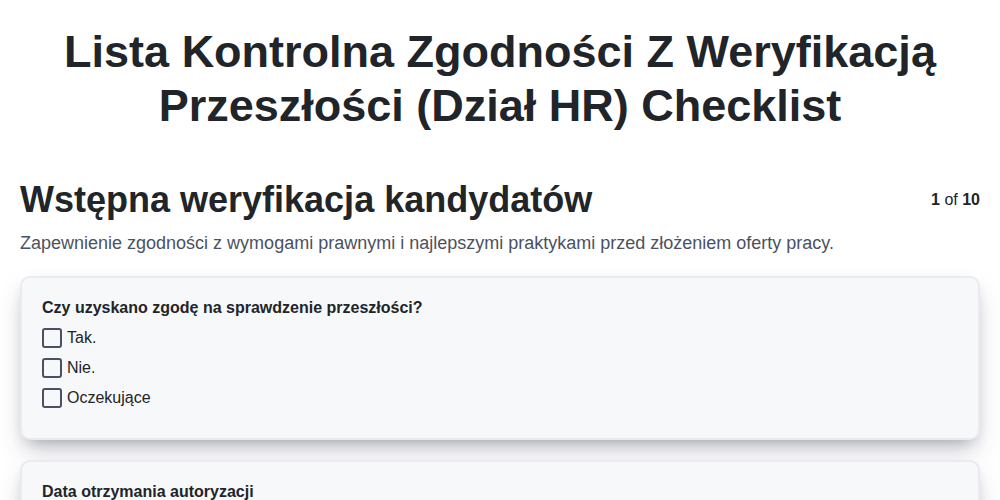Lista kontrolna zgodności z weryfikacją przeszłości (Dział HR) screenshot
