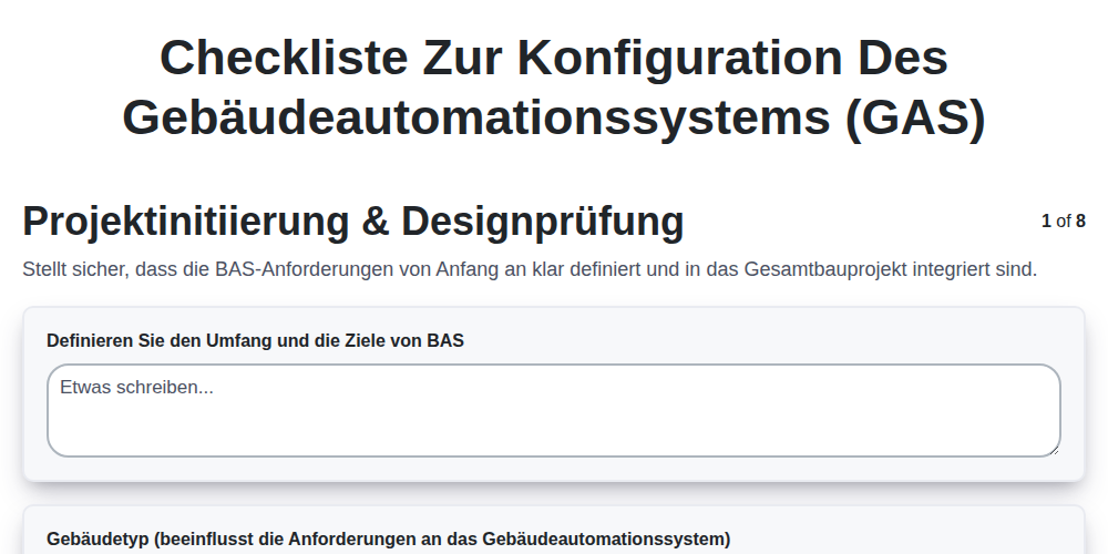 Checkliste zur Konfiguration des Gebäudeautomationssystems (GAS)