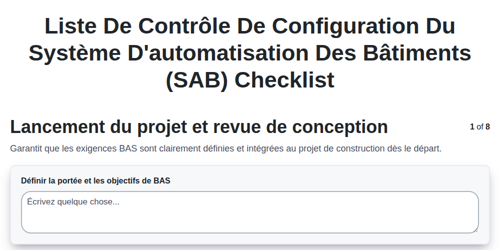 Liste de contrôle de configuration du système d'automatisation des bâtiments (SAB)
