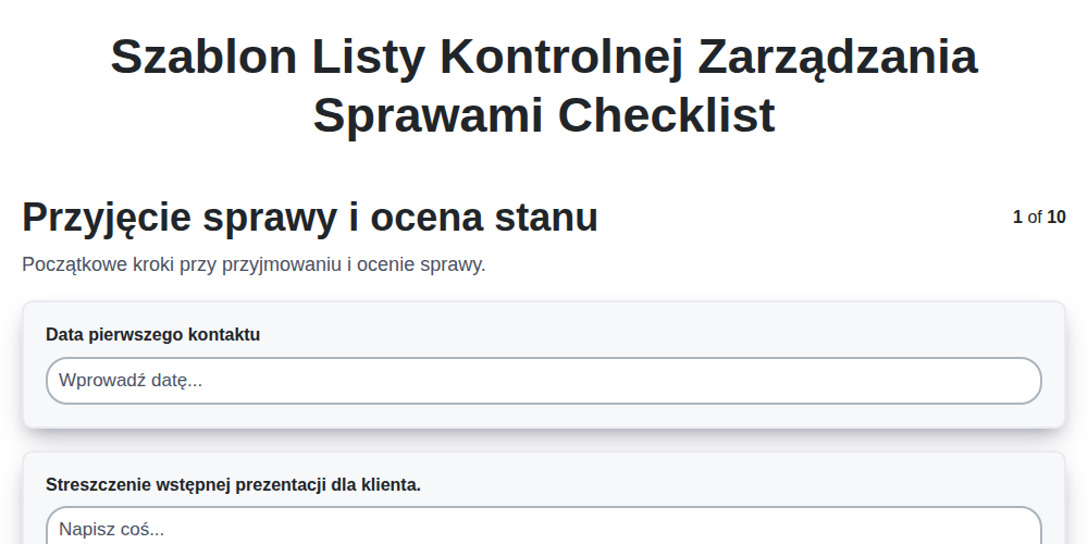 Szablon listy kontrolnej zarządzania sprawami screenshot
