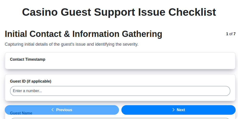 casino guest support issue checklist screenshot