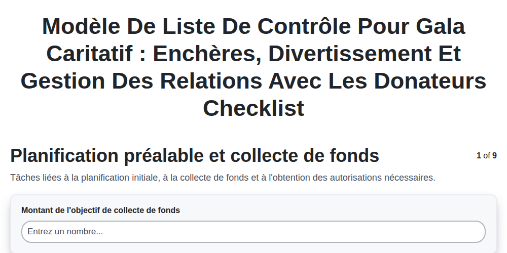 Modèle de liste de contrôle pour gala caritatif : enchères, divertissement et gestion des relations avec les donateurs screenshot