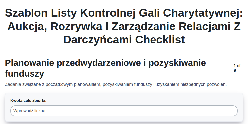 Szablon listy kontrolnej gali charytatywnej: Aukcja, Rozrywka i Zarządzanie Relacjami z Darczyńcami screenshot