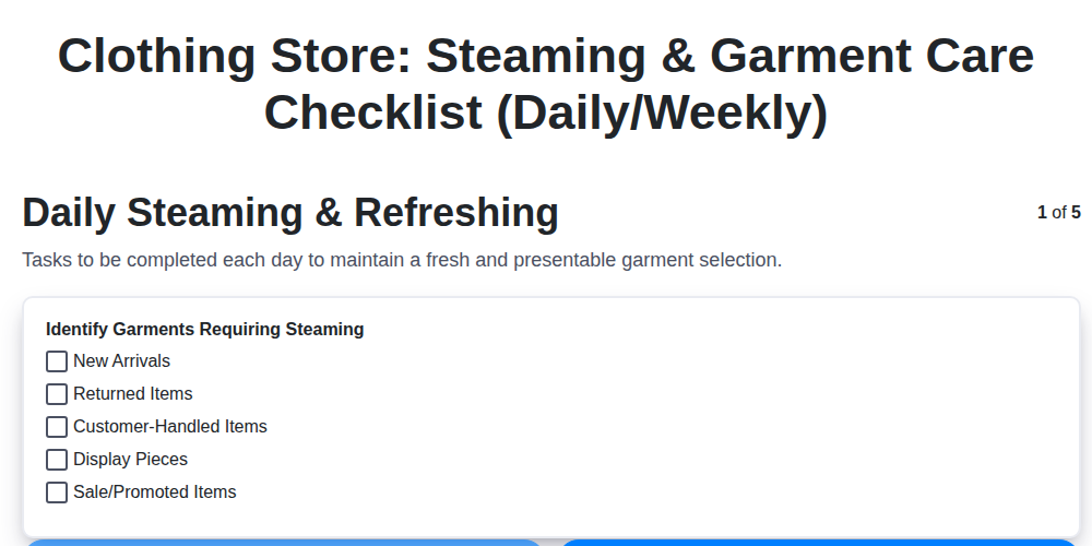 clothing store steaming garment care checklist daily weekly screenshot