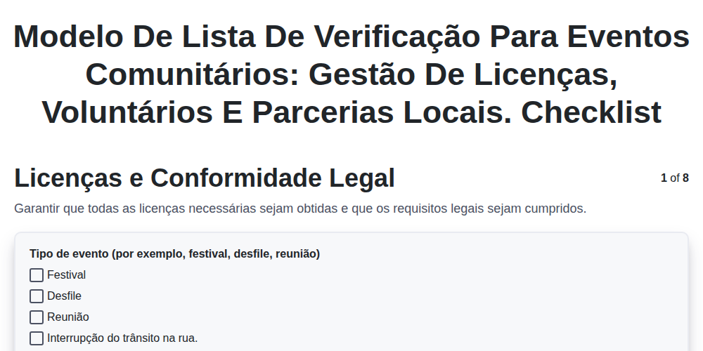 Modelo de lista de verificação para eventos comunitários: gestão de licenças, voluntários e parcerias locais. screenshot