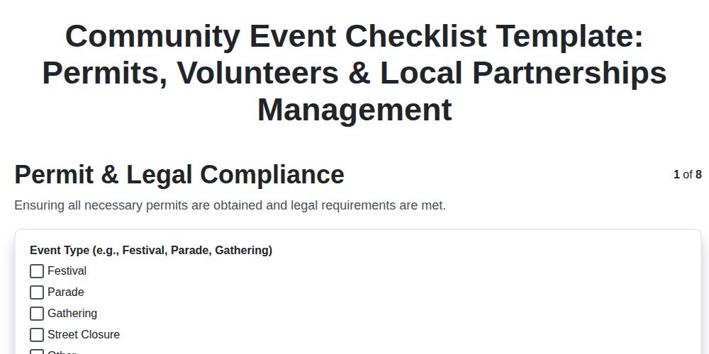 community event checklist template permits volunteers local partnerships management screenshot