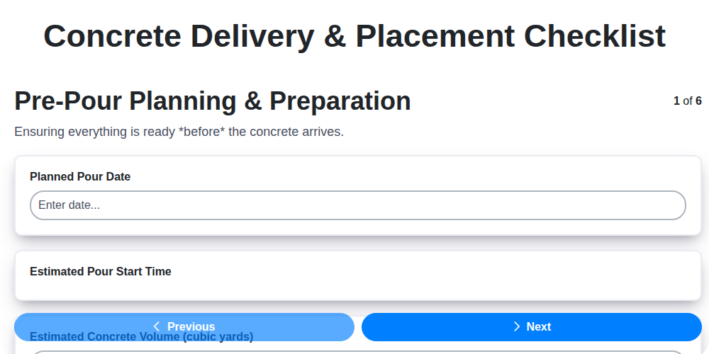 concrete delivery placement checklist screenshot