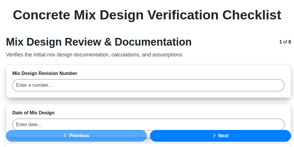concrete mix design verification checklist screenshot