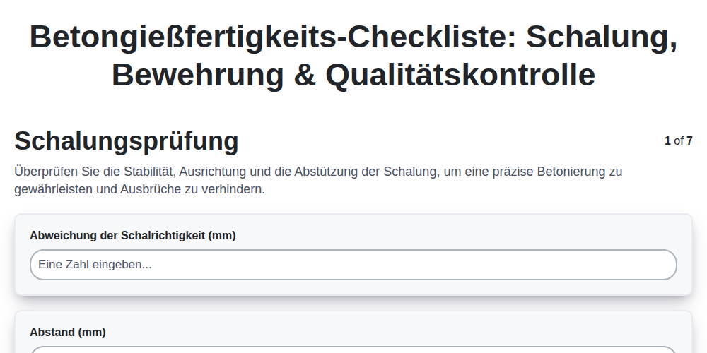 Betongießfertigkeits-Checkliste: Schalung, Bewehrung & Qualitätskontrolle