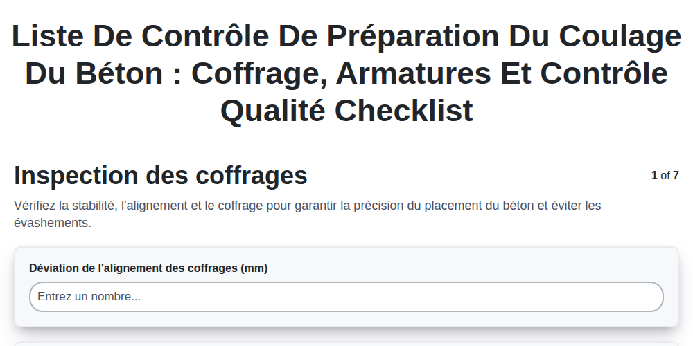 Liste de contrôle de préparation du coulage du béton : Coffrage, armatures et contrôle qualité