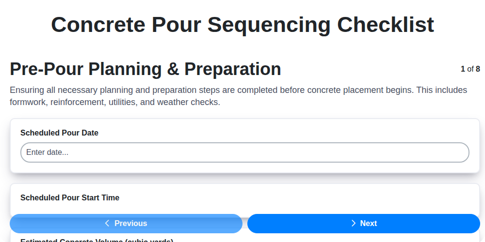 concrete pour sequencing checklist screenshot