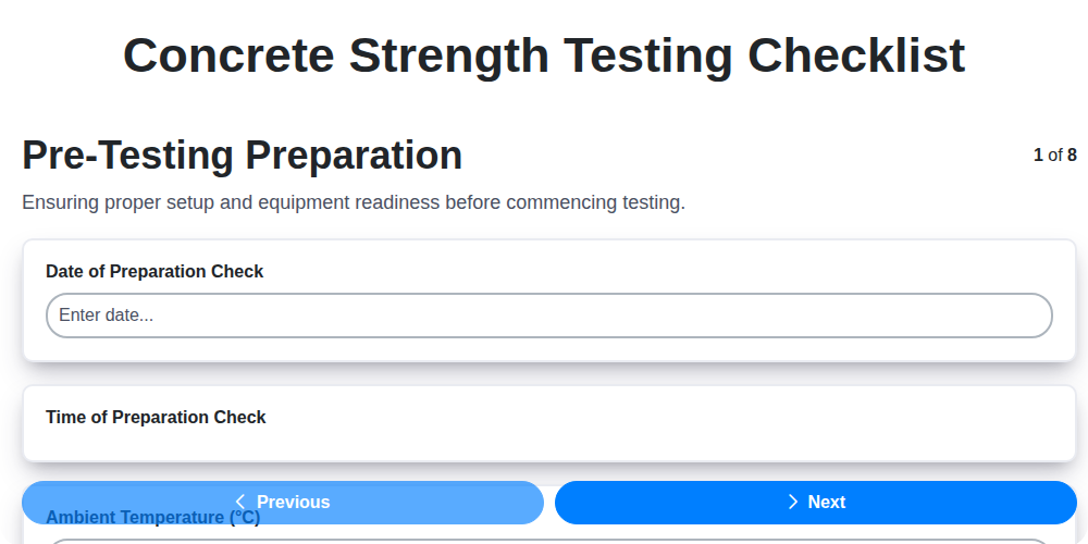 concrete strength testing checklist screenshot
